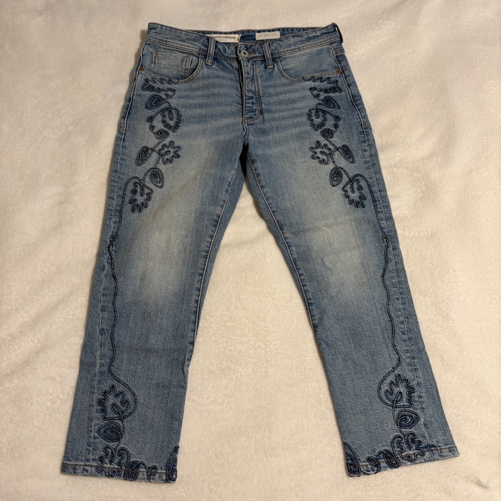 Pilcro Anthropologie Embroidered Straight Leg Jeans Blue Petite 27 Boho Floral